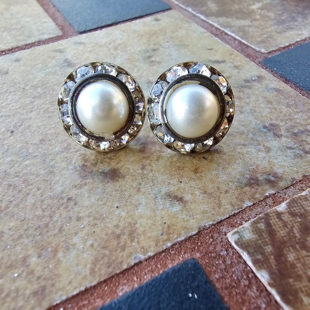 Vintage Faux Pearl and Rhinestone Earrings Post Back